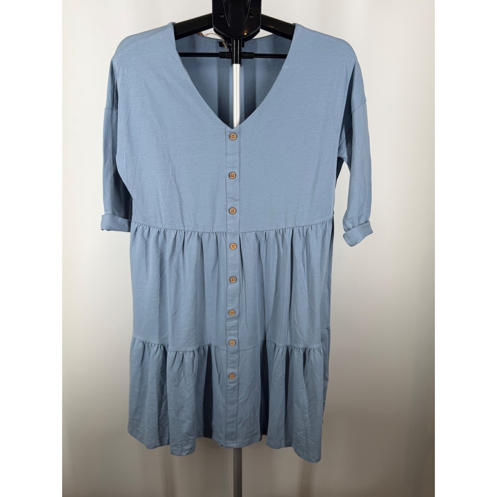 RolyPoly Blue Tiered Babydoll Mini Dress V-Neck‎ Button Front Size M New